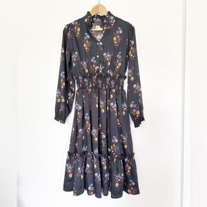 Exclusive Fit n Flare Ruffles Long Sleeve Floral Black Midi Dress Smocked Waist